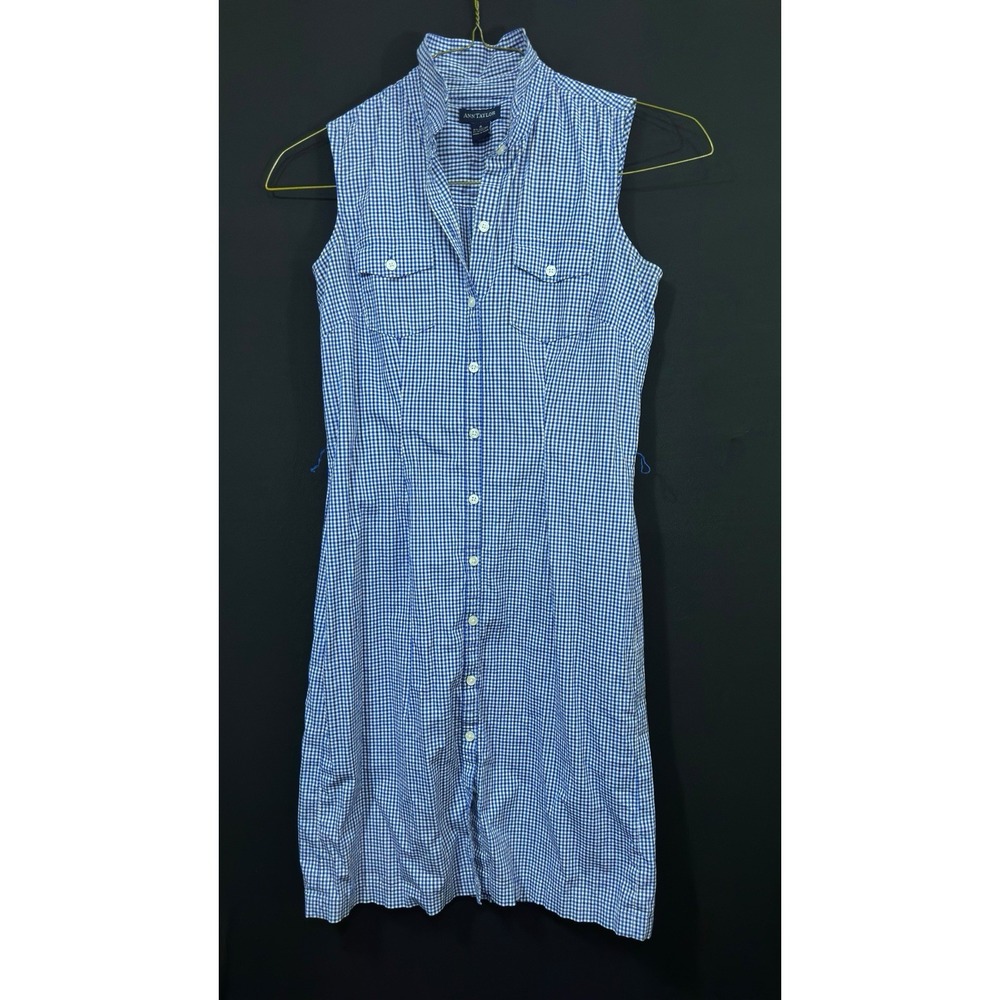 Vintage Ann Taylor Womens Dress Size 4 Blue Check Sleeveless Full Button Up